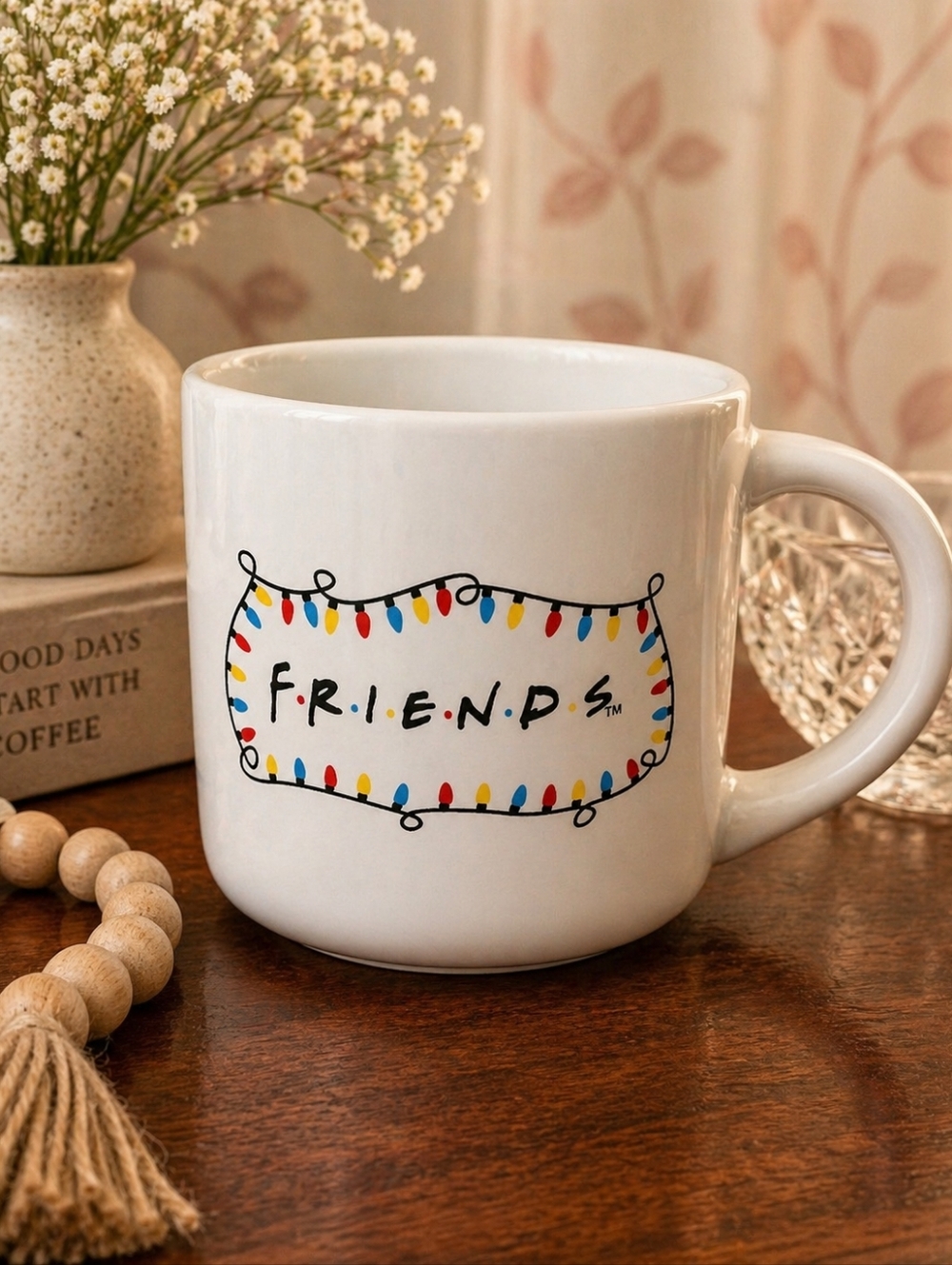 FRIENDS White Ceramic Mug with Multicolor Lightbulb Border